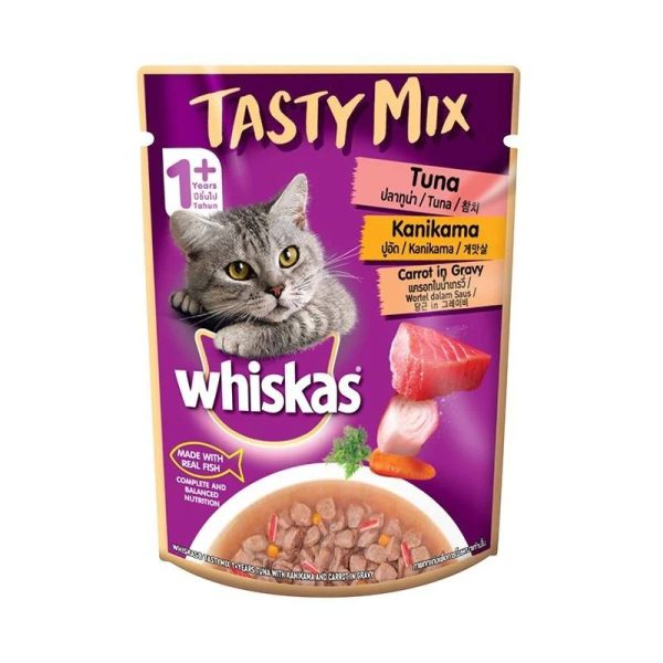 Whiskas Pouch Tasty Mix Cat Wet Food Adult Tuna, Kanikama & Carrot in Gravy 70gm