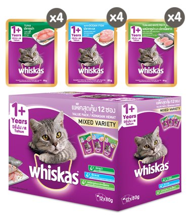 Whiskas Cat Food Wet Pouch Multipack Ocean Fish, Tuna, Tuna & Whitefish 80g (Pack of 12)