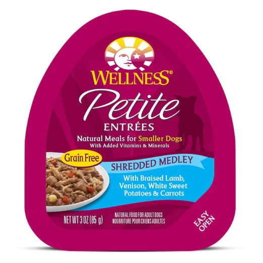 Wellness Petite Entrees Shredded Medley Braised Lamb, Venison Grain-Free Tray Dog Food 85g
