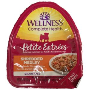 Wellness Petite Entrees Shredded Medley Tender Chicken, Turkey Grain-Free Tray Dog Food 85g